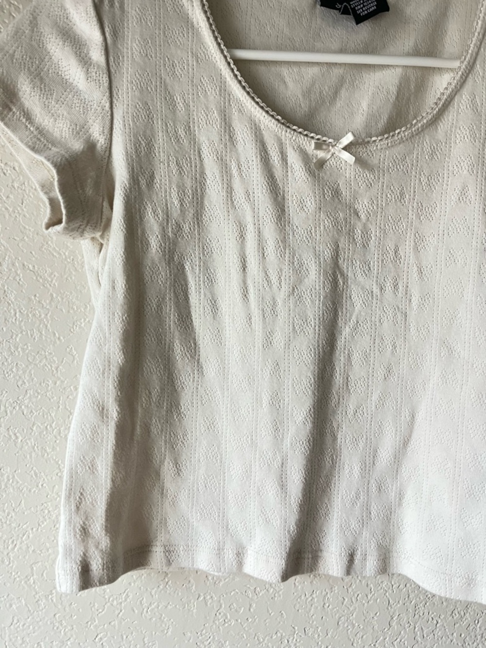 Cottagecore Coquette White Cotton Bow Pointelle Short Sleeve Crop Knit Top - Picture 2 of 4